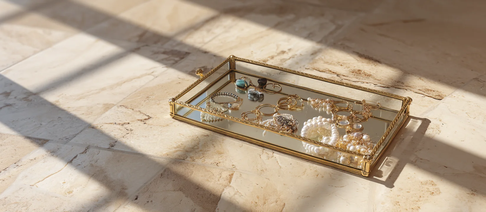 Black frame beside glass jewelry tray, jewelry tray, and display trays.